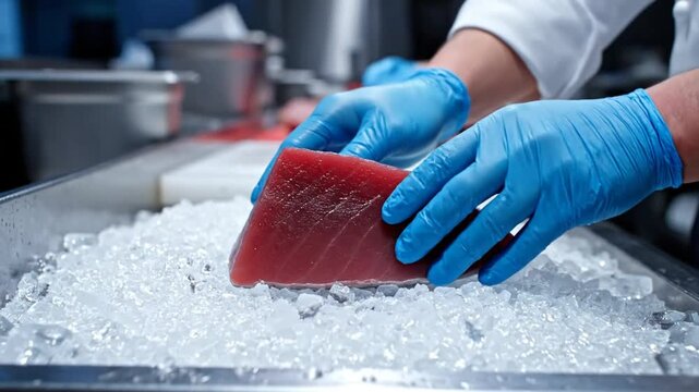 Chef carefully places fresh tuna steak onto a bed of crushed ice for optimal preservation in a professional kitchen