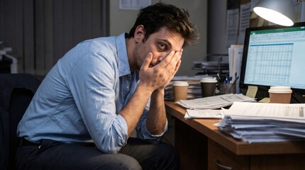 Obraz premium Stressed corporate employee covering face at computer desk during overtime work pressure concept