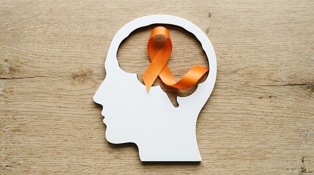 Orange ribbon inside a human head silhouette representing mental health awareness concept.