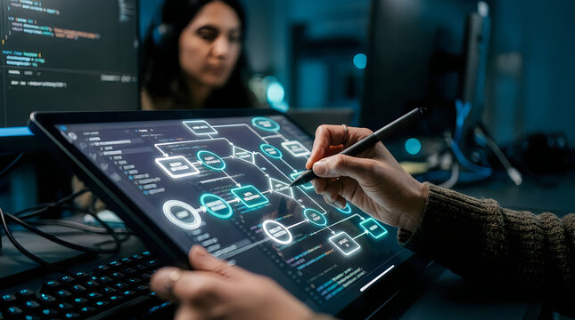 Software developer using a digital tablet to design complex workflow diagrams and system architecture in a dark office environment