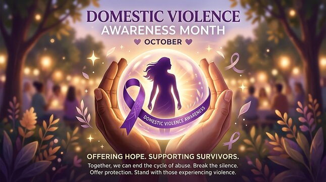 Domestic Violence Awareness Month concept with purple ribbon and protective hands illustration
