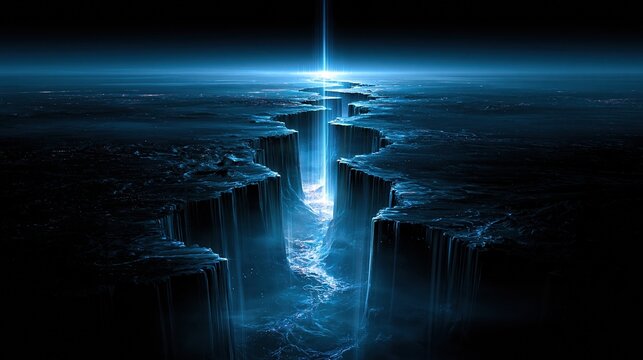 Abstract deep blue chasm with glowing light beam piercing the darkness, representing innovation and discovery