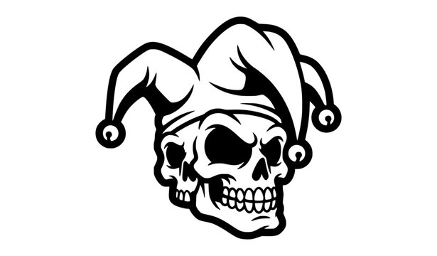 Cartoon Skull with Jester Hat Black and White Vector Illustration