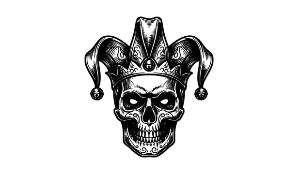 Skull Wearing Jester Hat Black and White Vintage Vector Illustration