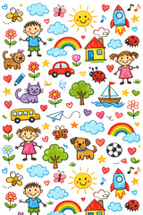 Obraz premium Colorful cartoon children with various toys, animals and objects in a cheerful setting