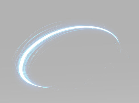 Curved neon light path with an intense blue-white beam and soft trails spreading outward