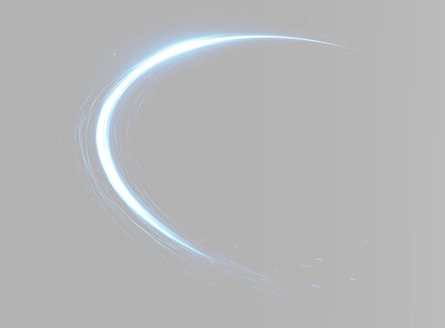 Curved neon light path with an intense blue-white beam and soft trails spreading outward