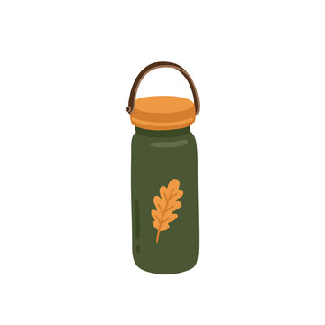 Cozy camping green bottle of water or thermos with print of an autumn oak leaf. Hand drawing flat vector illustration. Isolated outdoor adventure, hiking clip art