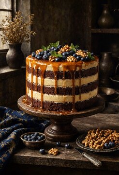 Rustic chocolate layer cake with caramel drizzle, blueberries, and walnuts on a wooden stand