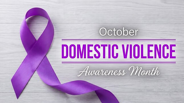 Purple ribbon for Domestic Violence Awareness Month on a white wooden background.