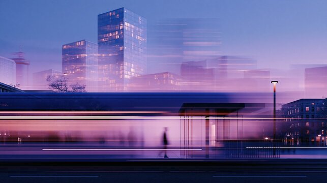 Blurred motion of a lone figure walking past a modern cityscape at dusk with vibrant purple and blue hues