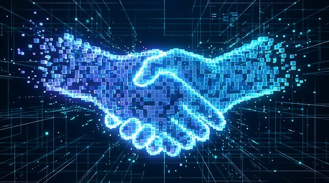 Digital handshake representing business partnership and global technology network connection