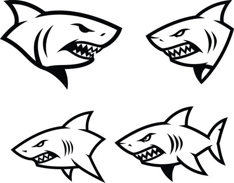 Set of aggressive shark head illustrations in black and white vector style for sports team logos