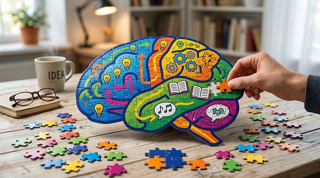 Human hand assembling a colorful brain jigsaw puzzle on a wooden desk