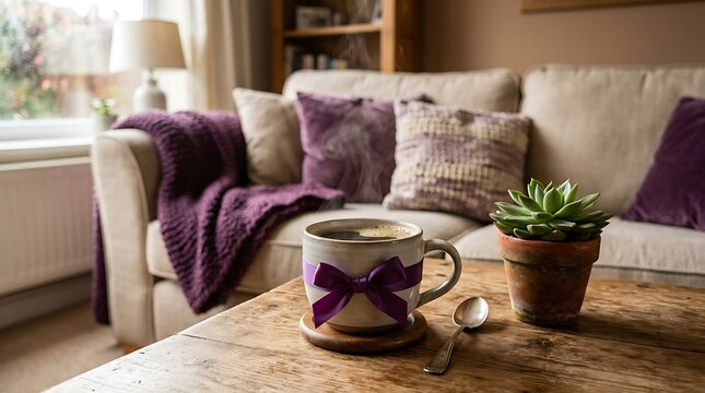 Cozy living room interior with a coffee mug and succulent on a rustic wooden table