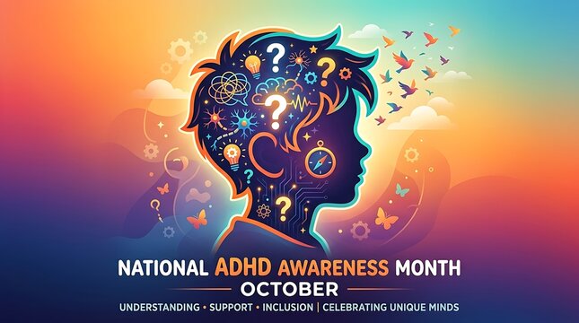 ADHD Awareness Month concept with child silhouette and colorful abstract mental symbols