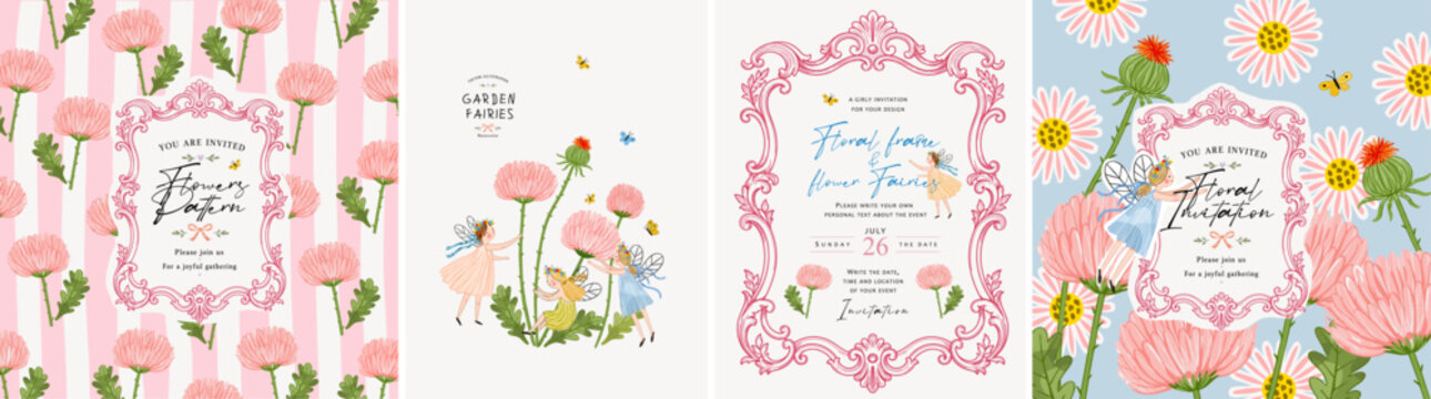 Floral invitation with watercolor garden fairy, flowers, daisies, butterfly, ornament, pattern, cute girl character, fairy and frame for greeting card, birthday party, border, event or background