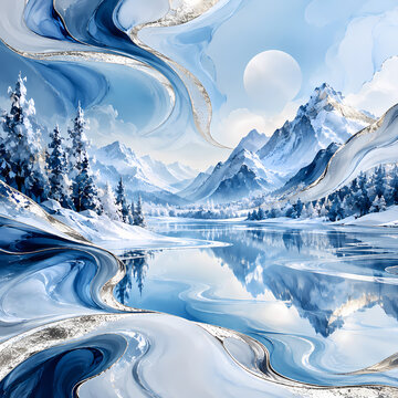 Surreal Abstract Winter Landscape with Snowy Mountains and Blue Fluid Art Swirls