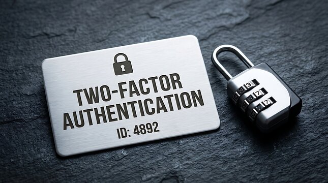 Two-factor authentication concept with metal security card and combination padlock