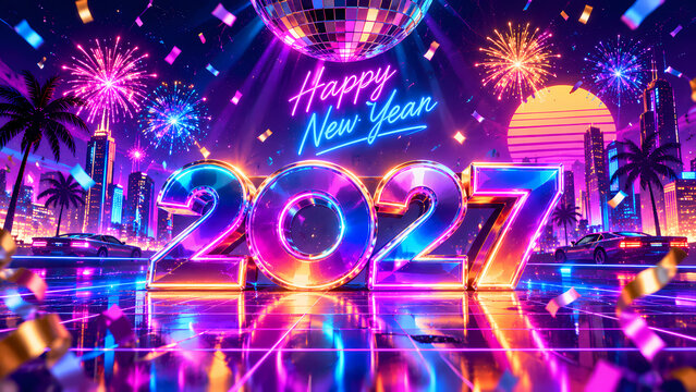 Happy New Year 2027 Synthwave Celebration with Neon Lights, Fireworks, Disco Ball, and Retrowave Cityscape