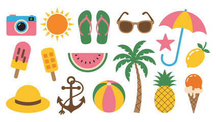 Fototapeta premium Set of colorful summer holiday icons including beach elements and tropical food and items