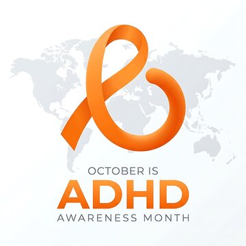 Orange ADHD Awareness Month ribbon symbol on a world map background for October campaign.