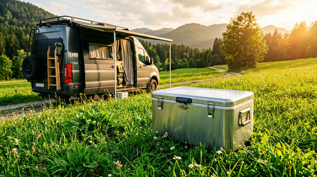 Dark camper van parked in a lush green meadow at sunset, large silver cooler in foreground, mountains and forest in background. Adventure travel, camping, outdoor lifestyle.