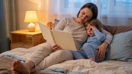 Fototapeta premium Parent Reading Bedtime Story, Child Listening In Bed, Warm Evening Family Routine, Authentic Everyday Lifestyle Moment, Gentle Parent Child Bonding, Everyday Home Living