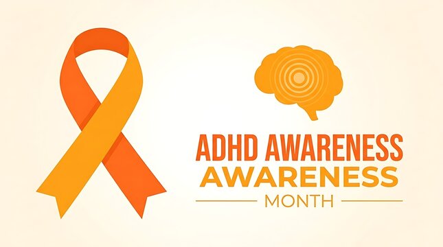 ADHD Awareness Month concept with orange ribbon and brain icon on light background