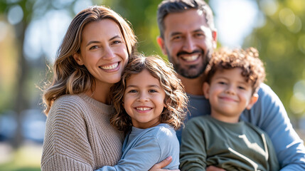 Obraz premium Diverse family standing together outdoors during a sunny Parents' Day celebration, parents with children, joyful expressions, family unity, multicultural lifestyle, community,