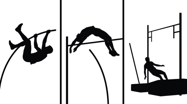 Pole vault athlete vector collection showing vaulting jump sequence over bar onto landing safety mat