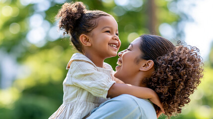 Obraz premium African mother and daughter laughing together in a sunny outdoor garden, joyful family bonding, playful parenting, multicultural family, authentic lifestyle, natural sunlight,