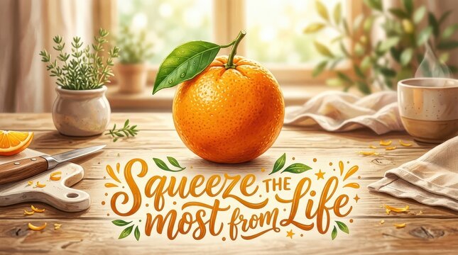 Fresh Orange Fruit with Squeeze the Life Quote on a Rustic Wooden Kitchen Table Background