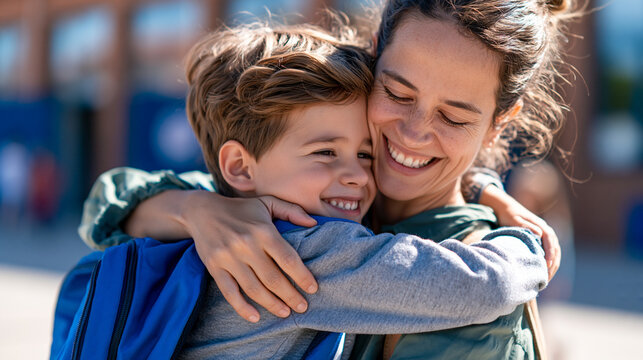 Mother hugging her young son outside a school building on his first day, backpack visible, education, parenting, childhood milestone, family support, kindergarten, back-to-school
