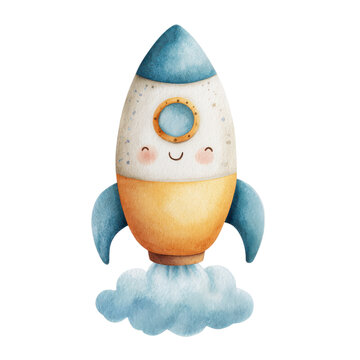 Watercolor rocket ship illustration, cute smiling space launch icon in blue and orange, nursery wall art and kids poster graphic isolated PNG with Transparent Background