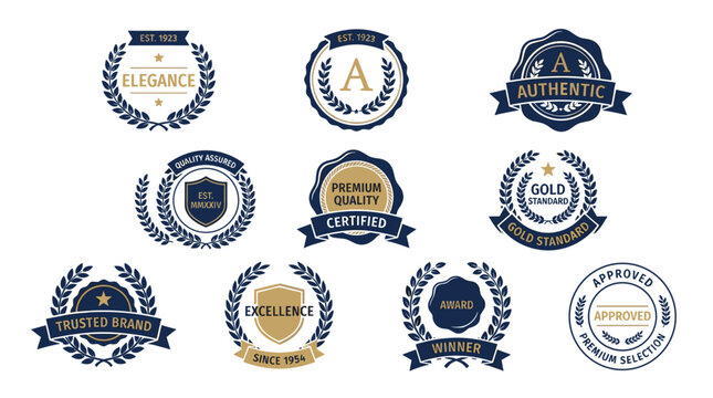 A collection of various premium quality emblem designs with laurel wreaths and text on white back