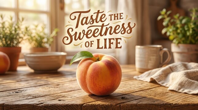 Fresh Ripe Peach on Rustic Wooden Table with Inspirational Quote Taste the Sweetness of Life