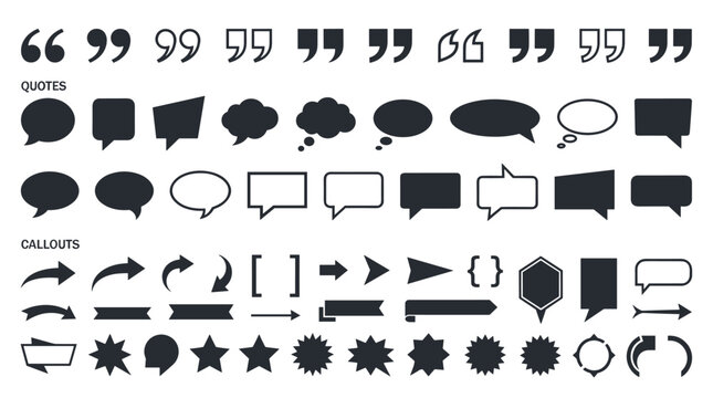 A collection of various vector icons featuring quotation marks, speech bubbles, and graphic callouts