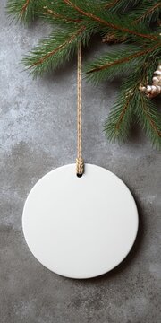 Blank round christmas ornament hanging on fir branch