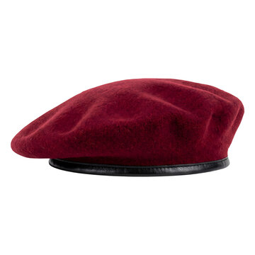 a dark red military-style beret on transparent background