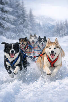 Pack of energetic husky dogs pulling sled through winter landscape, showcasing strength and teamwork in harsh weather conditions.