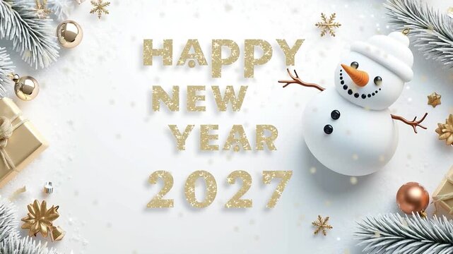 A 3D snowman waves cheerfully as the message &ldquo;Happy New Year 2027&rdquo; appears, creating a festive and joyful celebration video.