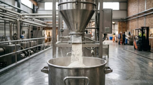 Flour falls from a hopper into a large metal container in a factory highlighting a modern grain silo harvest process within an industrial setting filled with pipes and machinery