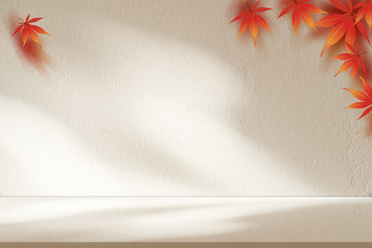 Brown Background Studio and Blurry Red Orange Maple Leaves, Soft Bright Sunlight Shadows On Textured Wall And Cream Floor, Autumn Fall Interior For Thanksgiving Banner,Product Display Seasonal Design