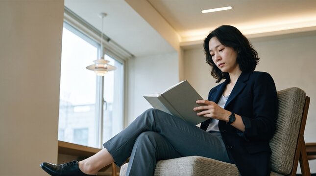 Generative AI, Elegant Asian businesswoman reading a book in a modern lounge