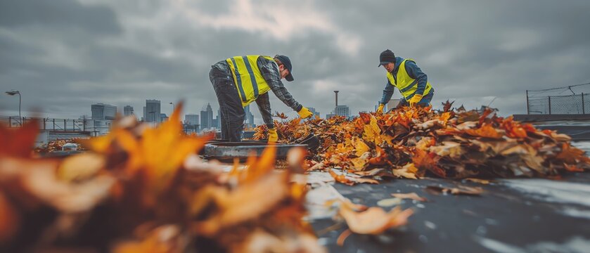 People cleaning leaves in autumn setting.