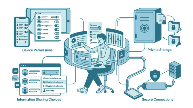 Digital privacy and data security management illustration with user interface controls.
