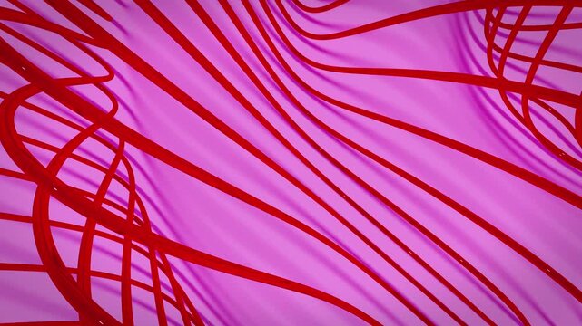 Looped animation of abstract red curved strings flowing across a vibrant pink purple background. Dynamic wave lines for design, creative presentations and contemporary visual projects. Loop 4K 60fps