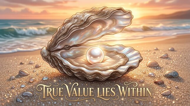 Glowing Pearl Inside Open Seashell on Sandy Beach at Sunset with Inspirational Quote
