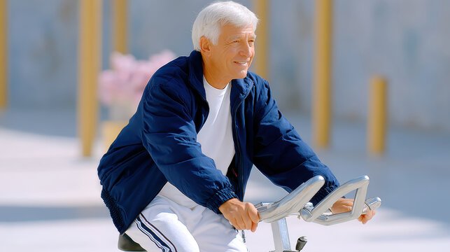 Older adult on stationary bike outdoors styled fitness portrait for community exercise poster and healthy aging program design